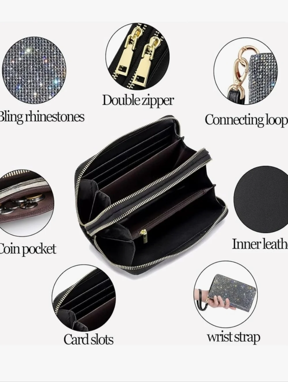 Sparkling Rhinestone Wristlet Clutch Wallet - Black